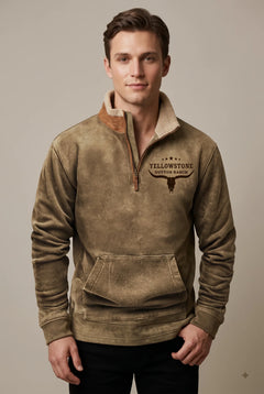 Men's Fleece Quarter Zip Sweatshirt | Sherpa Collar & Tribal Sleeves | Relaxed Fit Casual Wear | Voxeya in Khaki A