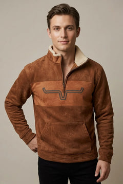 Men's Fleece Quarter Zip Sweatshirt | Sherpa Collar & Tribal Sleeves | Relaxed Fit Casual Wear | Voxeya in Brown