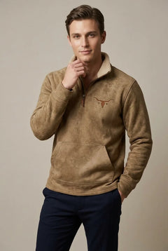 Men's Fleece Quarter Zip Sweatshirt | Sherpa Collar & Tribal Sleeves | Relaxed Fit Casual Wear | Voxeya in Khaki B