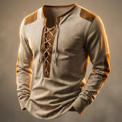 Men's Henley Shirt | Suede-Touch & Lace-Up Neckline | Soft Fit & Casual Wear | Voxeya in Cream Beige