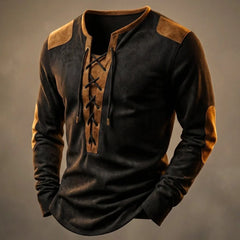 Men's Henley Shirt | Suede-Touch & Lace-Up Neckline | Soft Fit & Casual Wear | Voxeya in Obsidian Black
