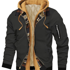 Men's Hooded Jacket | Plaid Trim & Zip Pocket | Casual Short Fit | Voxeya in Black