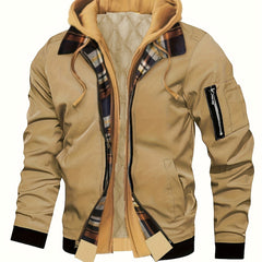 Men's Hooded Jacket | Plaid Trim & Zip Pocket | Casual Short Fit | Voxeya in Khaki
