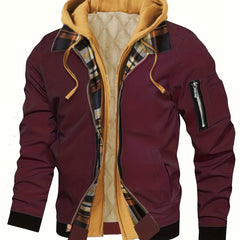 Men's Hooded Jacket | Plaid Trim & Zip Pocket | Casual Short Fit | Voxeya in Burgundy