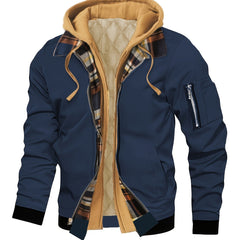 Men's Hooded Jacket | Plaid Trim & Zip Pocket | Casual Short Fit | Voxeya in Navy