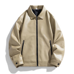 Men's Leather Bomber Jacket | Vegan Leather & Snap-Button Cuffs | Classic Fit | Voxeya in Beige