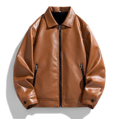 Men's Leather Bomber Jacket | Vegan Leather & Snap-Button Cuffs | Classic Fit | Voxeya in Brown