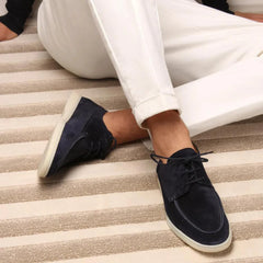 Men's Leather Lace-Up Loafers | Premium Comfort & Classic Style | Regular Fit | Black & Beige | Voxeya in Black
