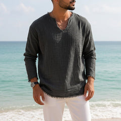 Men's Linen V-Neck Long-Sleeve T-Shirt | Roll-Tab Sleeves & Raw-Edge Hem | Relaxed Fit & Breathable | Voxeya in Black