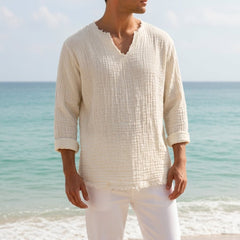 Men's Linen V-Neck Long-Sleeve T-Shirt | Roll-Tab Sleeves & Raw-Edge Hem | Relaxed Fit & Breathable | Voxeya in Beige