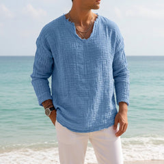 Men's Linen V-Neck Long-Sleeve T-Shirt | Roll-Tab Sleeves & Raw-Edge Hem | Relaxed Fit & Breathable | Voxeya in Light Blue