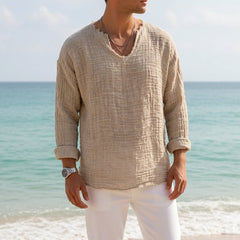 Men's Linen V-Neck Long-Sleeve T-Shirt | Roll-Tab Sleeves & Raw-Edge Hem | Relaxed Fit & Breathable | Voxeya in Khaki