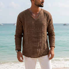 Men's Linen V-Neck Long-Sleeve T-Shirt | Roll-Tab Sleeves & Raw-Edge Hem | Relaxed Fit & Breathable | Voxeya in Brown