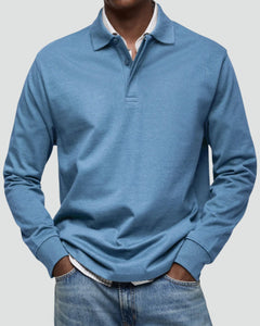 Men's Long Sleeve Polo Shirt | Cotton Blend & Relaxed Fit | Smart Casual & Business Style | Voxeya in Blue