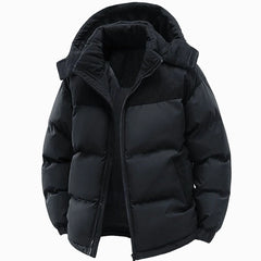 Men's Puffer Jacket | Quilted & Corduroy Trim | Relaxed Fit Insulated Outerwear | Voxeya in Black