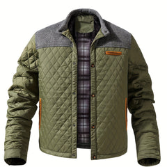 Men's Quilted Jacket | Diamond Stitch & Contrast Yoke | Structured Fit | Voxeya in Military Green