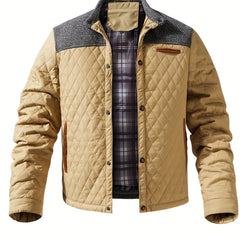 Men's Quilted Jacket | Diamond Stitch & Contrast Yoke | Structured Fit | Voxeya in Beige
