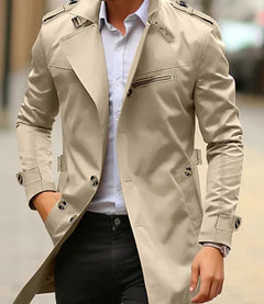 Men's Slim-Fit Wool Trench Coat | Double-Breasted & Epaulettes | Mid-Length Tailored Outerwear | Voxeya in Light Beige