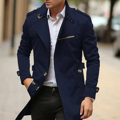 Men's Slim-Fit Wool Trench Coat | Double-Breasted & Epaulettes | Mid-Length Tailored Outerwear | Voxeya in Dark Navy