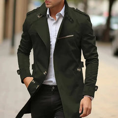 Men's Slim-Fit Wool Trench Coat | Double-Breasted & Epaulettes | Mid-Length Tailored Outerwear | Voxeya in Green