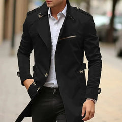 Men's Slim-Fit Wool Trench Coat | Double-Breasted & Epaulettes | Mid-Length Tailored Outerwear | Voxeya in Black