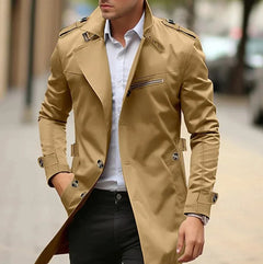 Men's Slim-Fit Wool Trench Coat | Double-Breasted & Epaulettes | Mid-Length Tailored Outerwear | Voxeya in Dark Beige