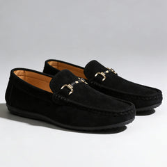 Men's Suede Loafers | Metal Buckle & Cushioned Insole | Slip-On Comfort | Voxeya in Black