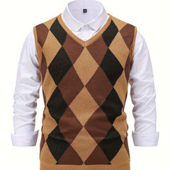 Men's Sweater Vest | Argyle Pattern & V-Neck | Structured Fit | Voxeya in Coffee