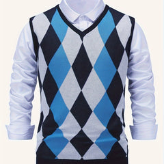 Men's Sweater Vest | Argyle Pattern & V-Neck | Structured Fit | Voxeya in Royal Blue