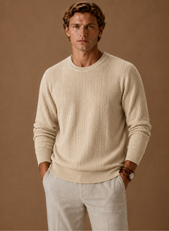 Men's Sweater | Textured Knit & Ribbed Trim | Classic Fit Everyday Wear | Voxeya in Beige