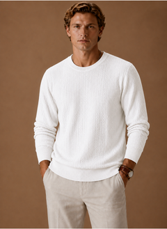 Men's Sweater | Textured Knit & Ribbed Trim | Classic Fit Everyday Wear | Voxeya in White