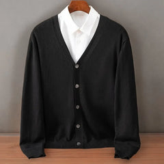 Men's V-Neck Cardigan | Button Front & Ribbed Finish | Layering Essential | Voxeya in Black