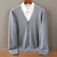 Men's V-Neck Cardigan | Button Front & Ribbed Finish | Layering Essential | Voxeya in Grey
