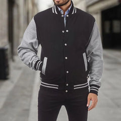 Men's Varsity Jacket | Snap-Front & Contrast Sleeves | Regular Fit Casual Wear | Voxeya in Light Grey