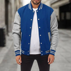 Men's Varsity Jacket | Snap-Front & Contrast Sleeves | Regular Fit Casual Wear | Voxeya in Royal Blue