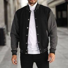 Men's Varsity Jacket | Snap-Front & Contrast Sleeves | Regular Fit Casual Wear | Voxeya in Black