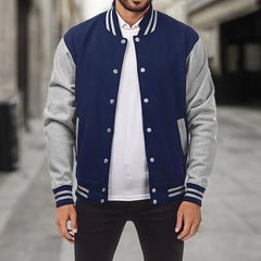 Men's Varsity Jacket | Snap-Front & Contrast Sleeves | Regular Fit Casual Wear | Voxeya in Navy Blue