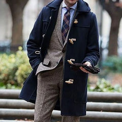Men's Wool Overcoat | Hooded & Toggle Closure | Tailored Fit for Winter | Voxeya in Dark Blue