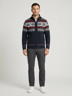 Men's Zip-Up Cardigan | Nordic Knit & Fleece Lining | Regular Fit | Autumn Winter | Voxeya in Red & Blue