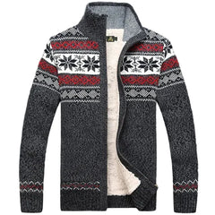 Men's Zip-Up Cardigan | Nordic Knit & Fleece Lining | Regular Fit | Autumn Winter | Voxeya in Red & Grey
