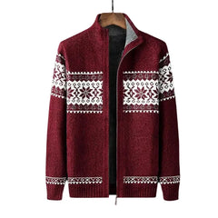 Men's Zip-Up Cardigan | Nordic Knit & Fleece Lining | Regular Fit | Autumn Winter | Voxeya in Red