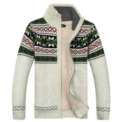 Men's Zip-Up Cardigan | Nordic Knit & Fleece Lining | Regular Fit | Autumn Winter | Voxeya in Green & White