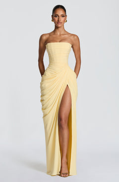 Women's Corset Maxi Dress | Strapless Lace-Up-Back High-Leg-Slit Slim Fit for Evening Wear & Special Occasion Wear in Yellow