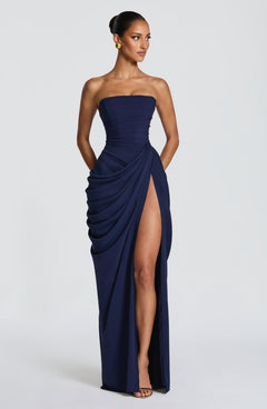 Women's Corset Maxi Dress | Strapless Lace-Up-Back High-Leg-Slit Slim Fit for Evening Wear & Special Occasion Wear in Navy Blue
