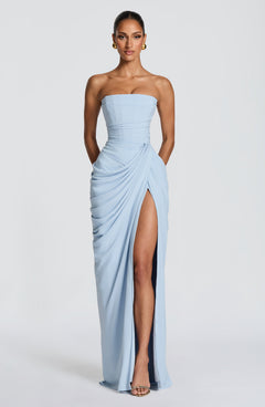 Women's Corset Maxi Dress | Strapless Lace-Up-Back High-Leg-Slit Slim Fit for Evening Wear & Special Occasion Wear in Sky Blue