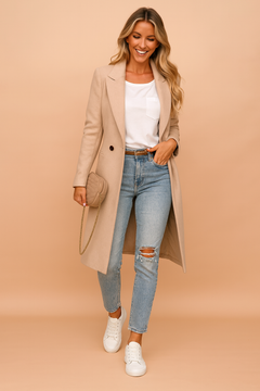 Women's Longline Coat | Double-Breasted Sharp-Lapel Neutral-Tone Tailored Fit for Office Wear & Autumn & Winter Wear in Beige