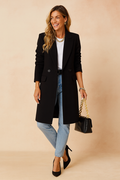 Women's Longline Coat | Double-Breasted Sharp-Lapel Neutral-Tone Tailored Fit for Office Wear & Autumn & Winter Wear in Black