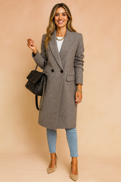 Women's Longline Coat | Double-Breasted Sharp-Lapel Neutral-Tone Tailored Fit for Office Wear & Autumn & Winter Wear in Grey