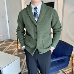 Men's Knit Jacket | Shawl-Collar Button-Front Ribbed-Texture Relaxed Fit for Autumn & Winter Wear & Everyday Wear in Army Green