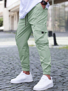 Men's Cargo Trousers | Elastic-Waist Side-Pocket Active-Lifestyle Relaxed Fit for Everyday Wear & Smart Casual Wear in Light Green